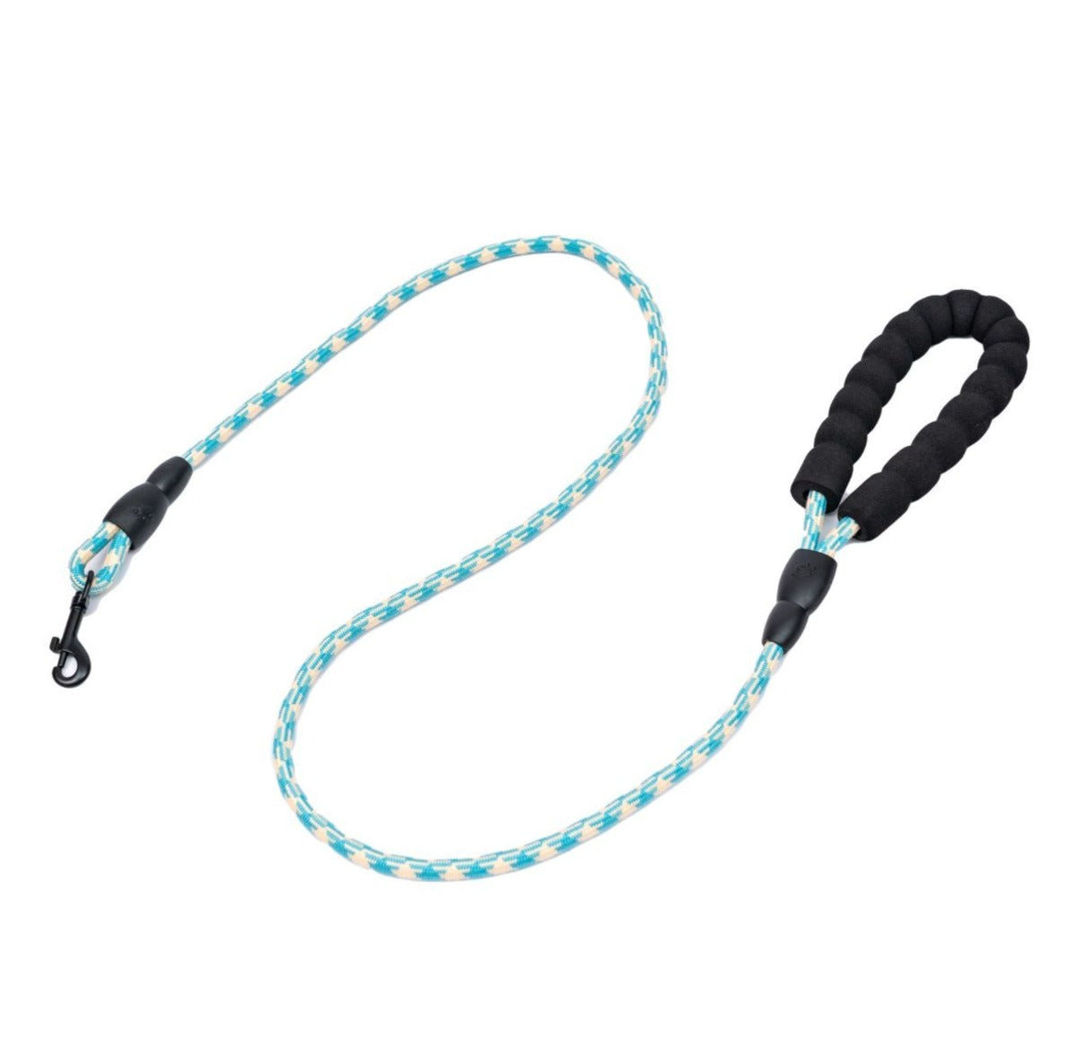 A small, durable, blue and white striped dog leash with a soft foam handle and a swivel clip.