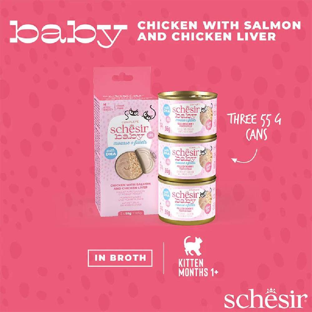 Schesir - Baby Cat Can Multipack Mousse & Fillets - Chicken With Salmon & Chicken Liver - 165g (3 Cans x55g)