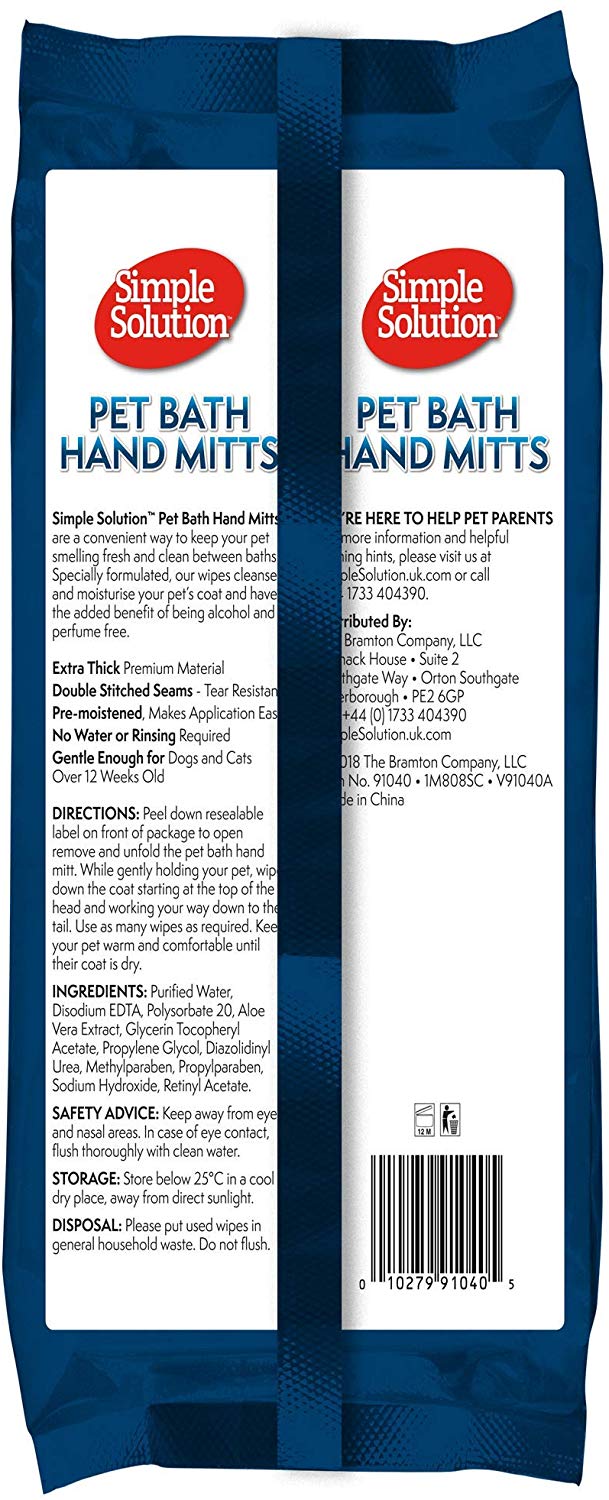 Simple Solution Pet Bath Hand Mitts 7 handwipes 17cmx28cm - Back
