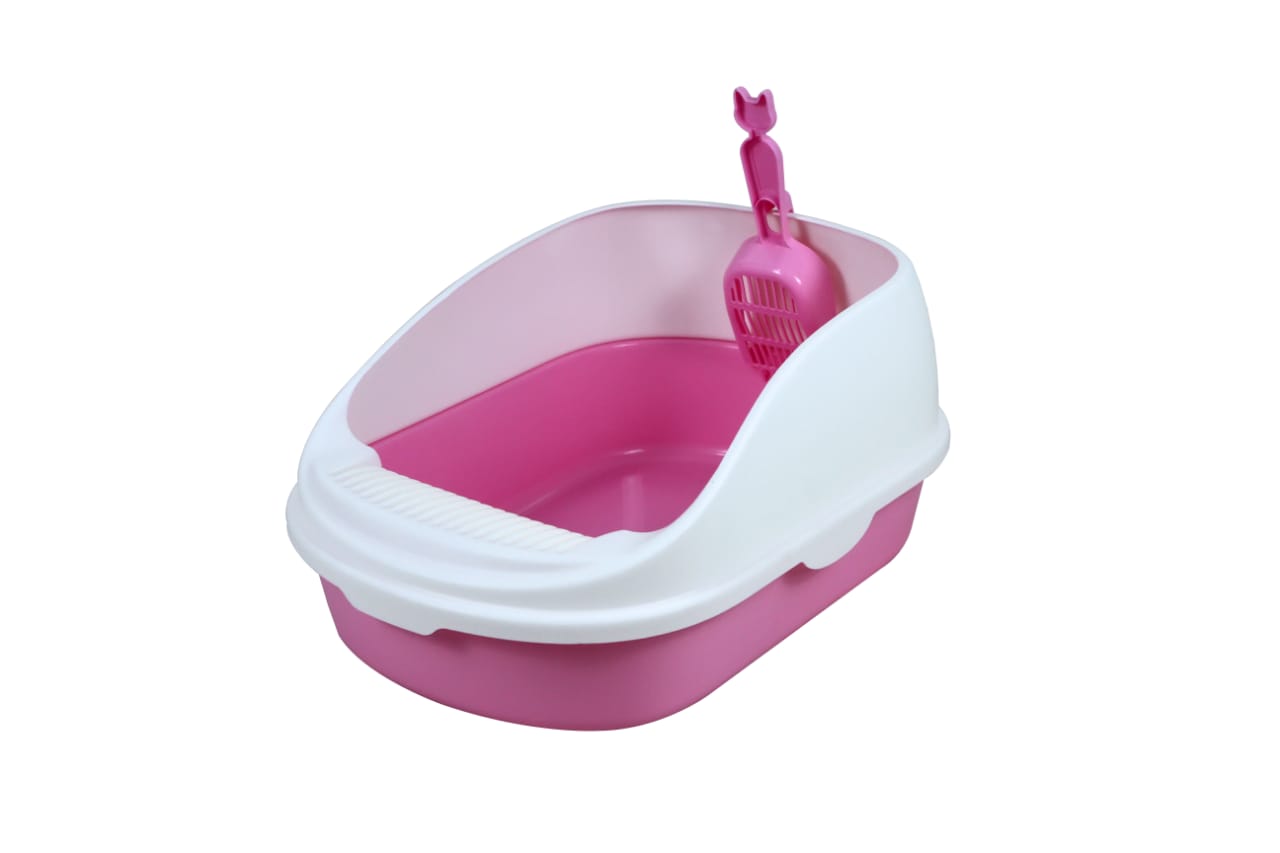 Open Cat Toilet with High Rim Anti Flashing Litter Box with Scoop -Size – 56*39*26 cm – Large - Pink