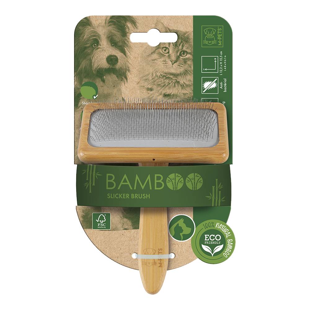 Bamboo slicker brush with packaging featuring images of a dog and a cat.