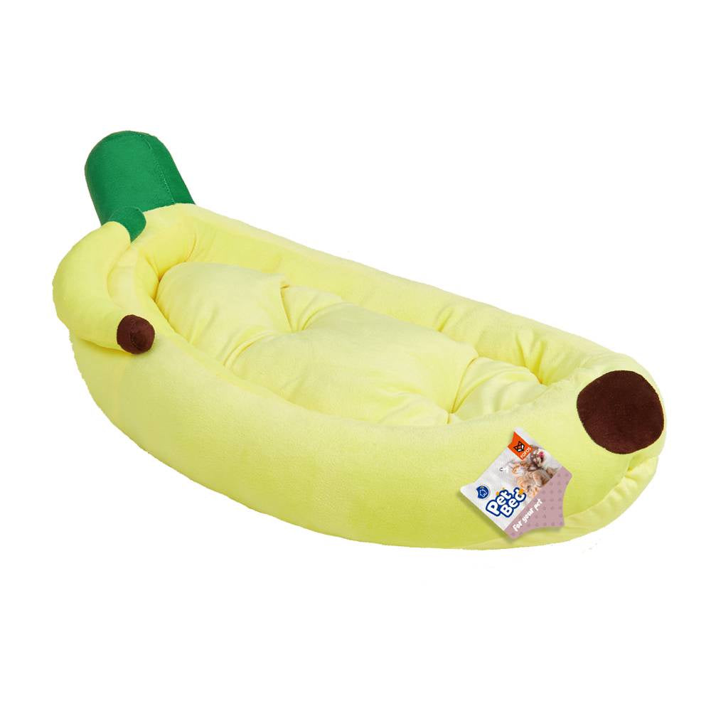 Banana-shaped inflatable chair with a tag on a white background