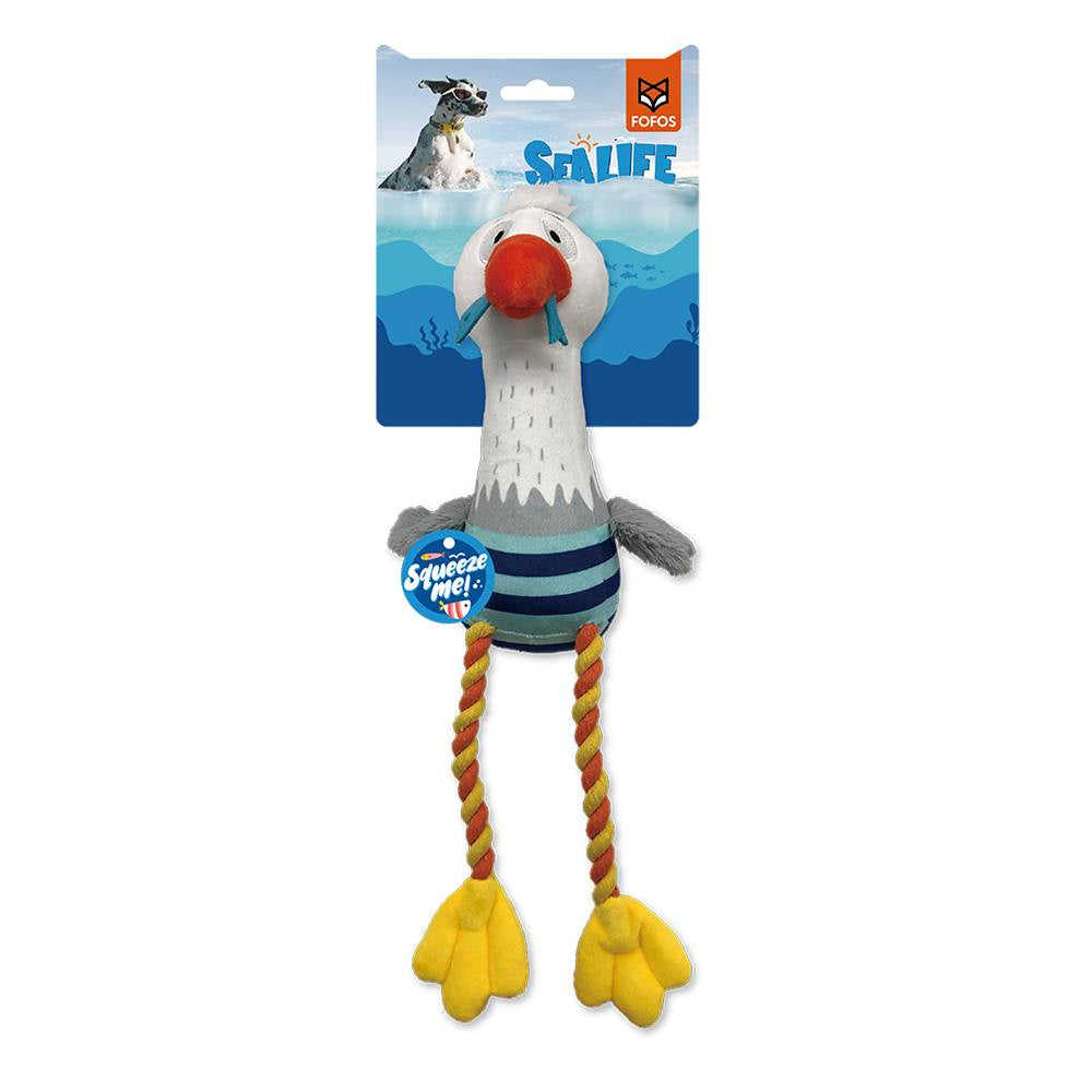 Dog toy shaped like a seagull with a rope, on a white background