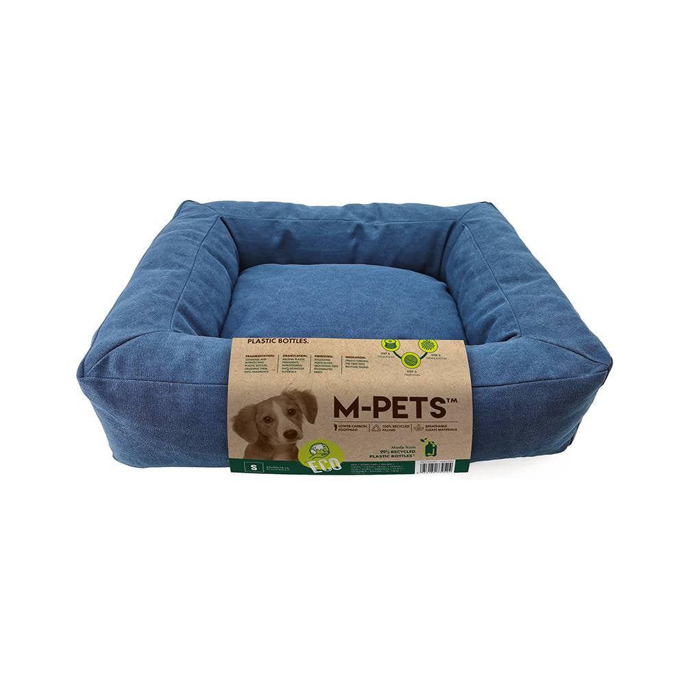 Blue pet bed with M-Pets packaging on a white background