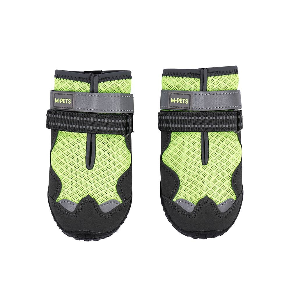 Pair of green and black pet shoes with M-Pets branding on a white background