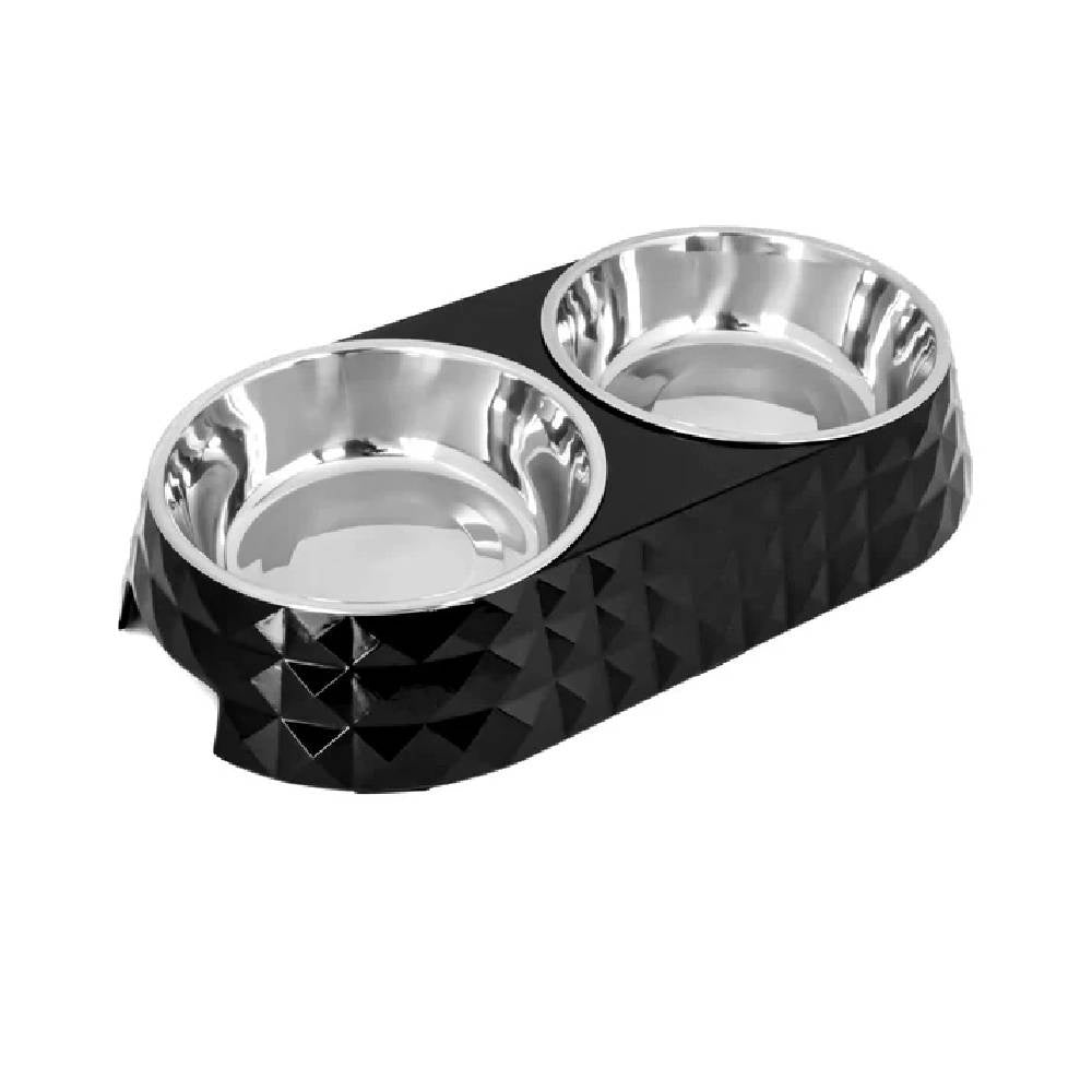 Black and silver pet bowl with diamond pattern on a white background
