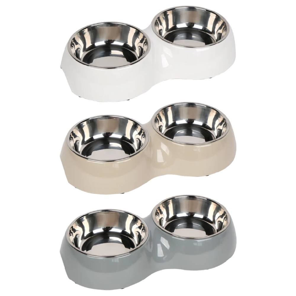 Set of three stainless steel pet bowls with durable plastic bases on a white background