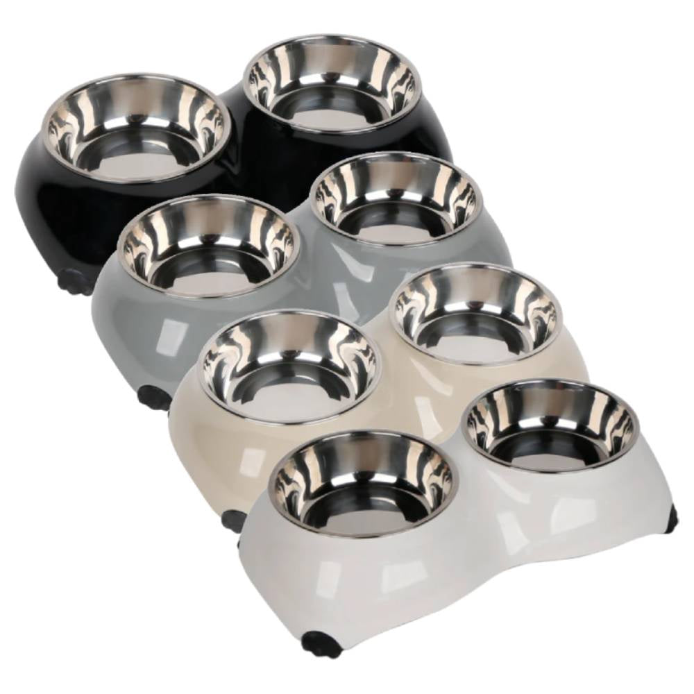 Multi-bowl pet feeder with multiple stainless steel bowls on a white background