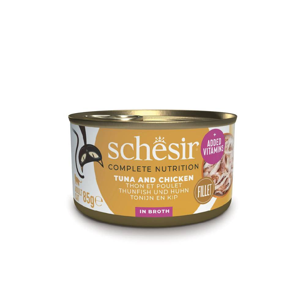 Schesir Tuna with Chicken Complete Wet Cat Food in Broth | Steamed, No Preservatives | 85g Can