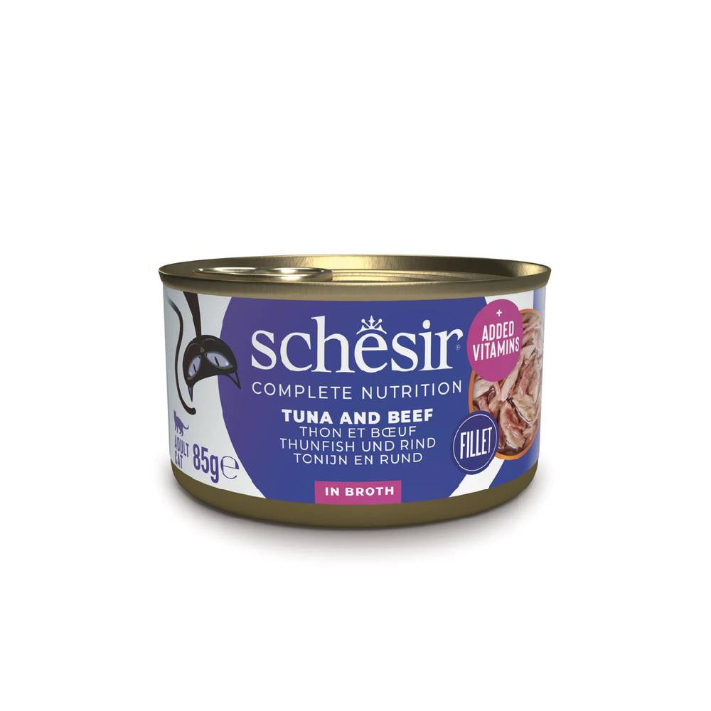 Schesir Tuna with Beef Complete Wet Cat Food in Broth | Steamed, No Preservatives | 85g Can