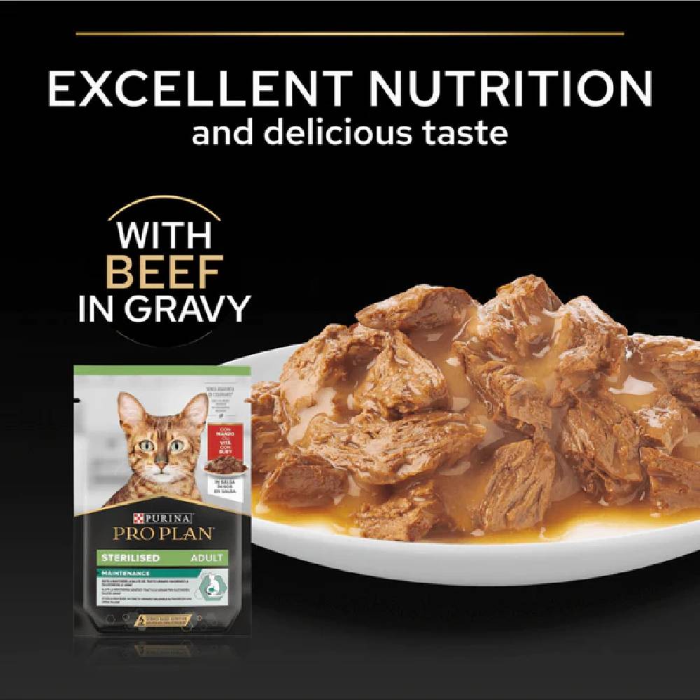 Pro Plan - Sterilised Wet Cat Food, Beef In Gravy, Multipack, 10 X 85G