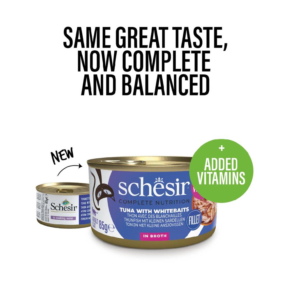 Schesir - Complete & Balanced Nutrition Wet Cat Food in Broth Can- Tuna With Whitebait - 85 G