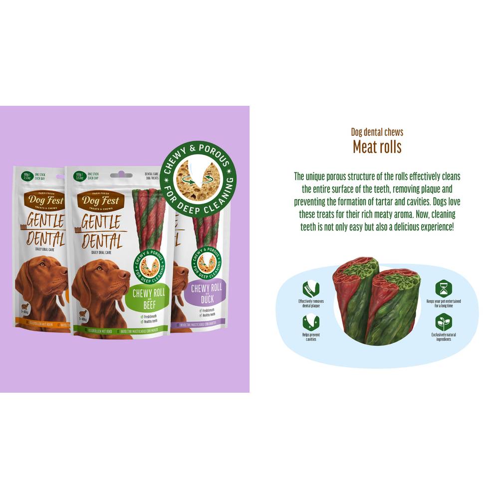 Dog Fest - Dental Treats For Adult Dogs - Chewy Roll, Duck 100g