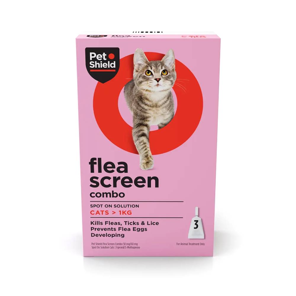 Pet Shield - Flea Screen Combo-50 mg/ 60 mg, Spot On Solution For Cats (Box of 3 pipettes)