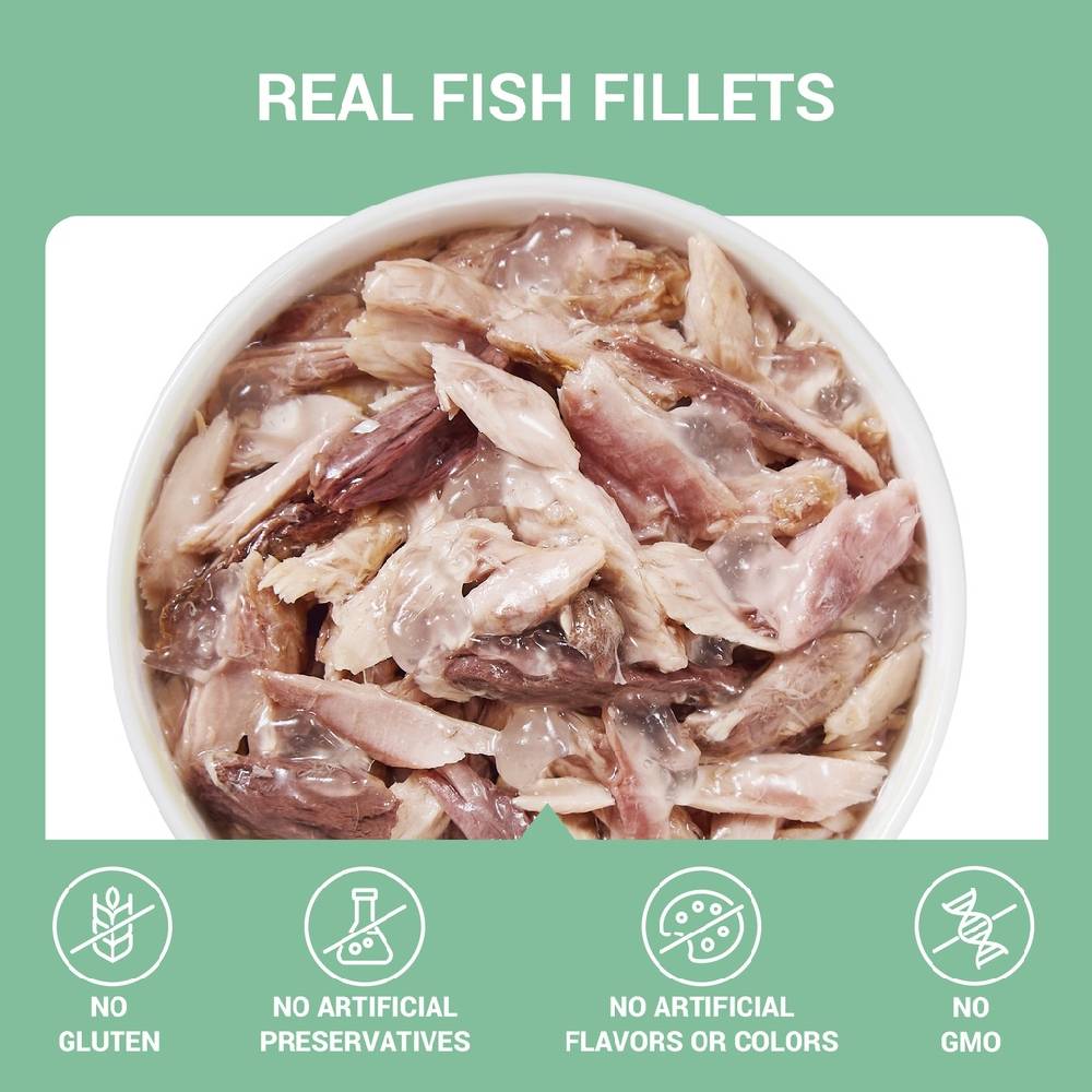 Real fish fillets in a bowl with green background and certification icons.