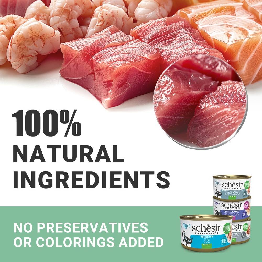 Raw meat products with Schesir pet food cans on a white background, emphasizing natural ingredients.