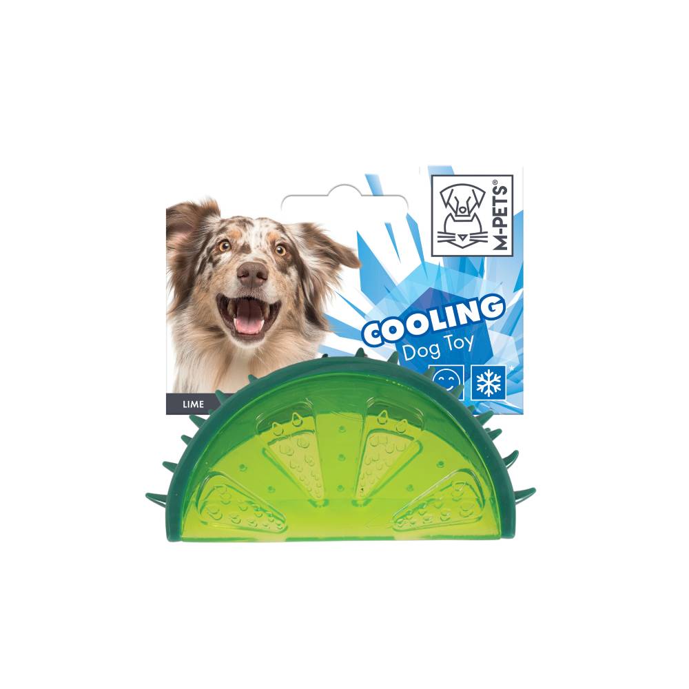 Green cooling dog toy with a blue packaging label featuring a dog on a white background