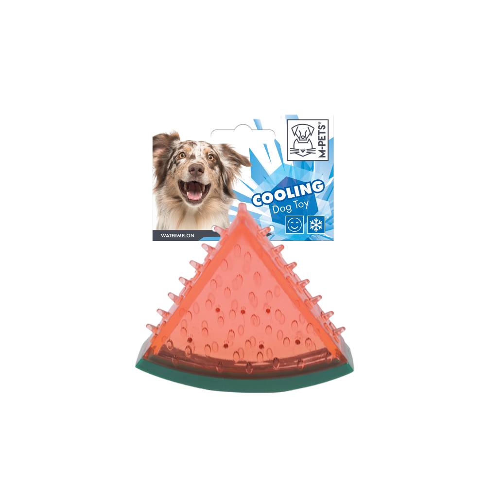 Triangular watermelon-shaped cooling dog toy with a dog on a white background