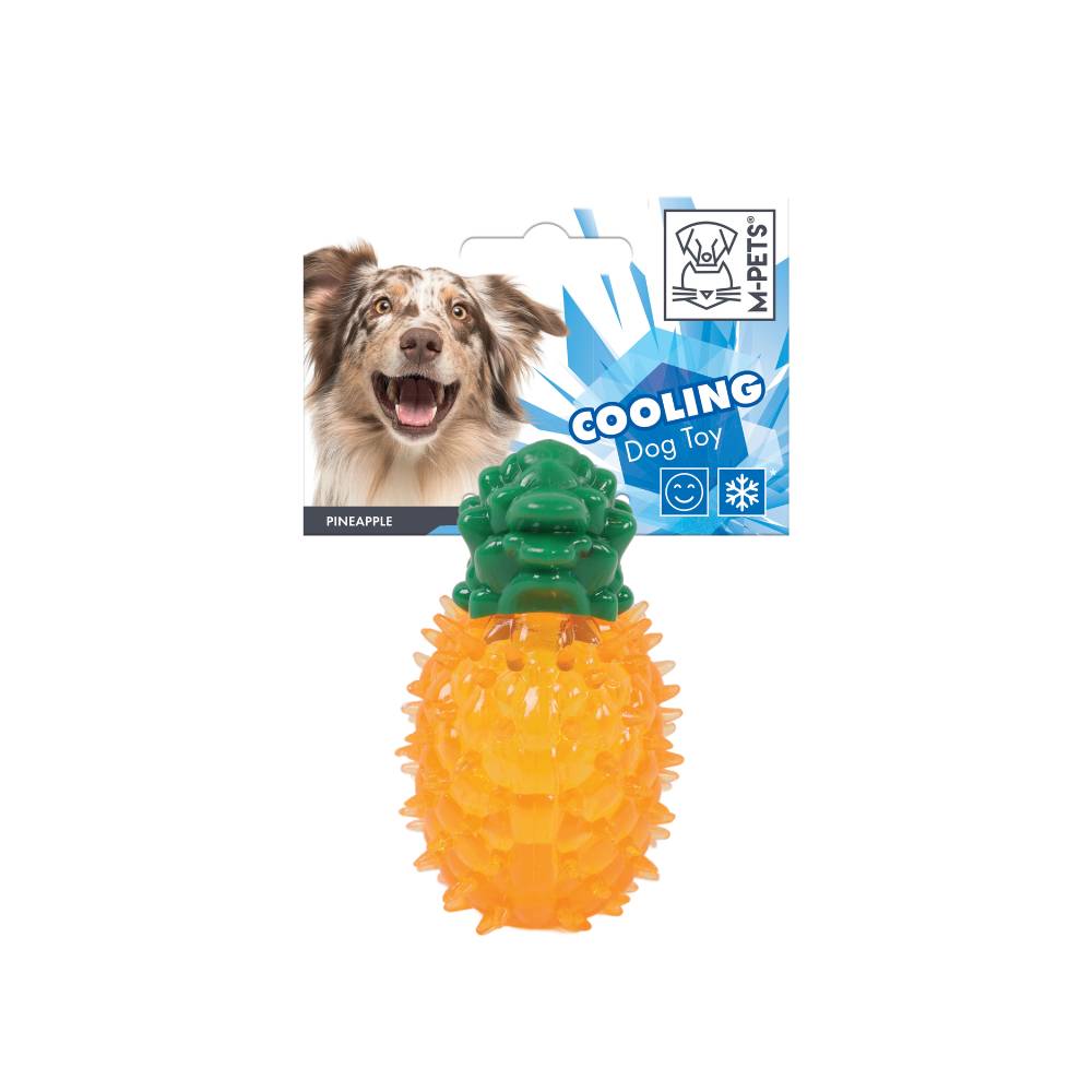 Pineapple-shaped cooling dog toy with a packaging label featuring a dog on a white background