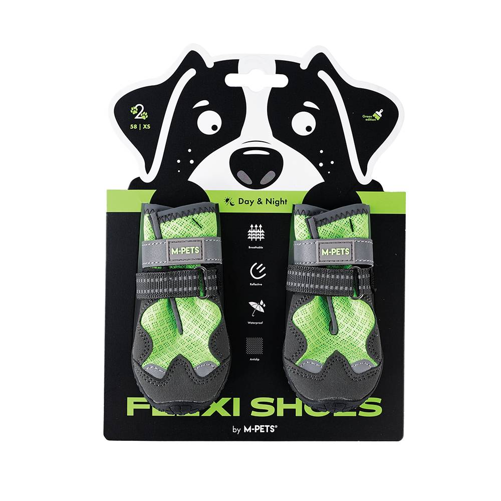 Packaging of M-Pets Flexi Shoes with a black and white dog illustration on a white background.