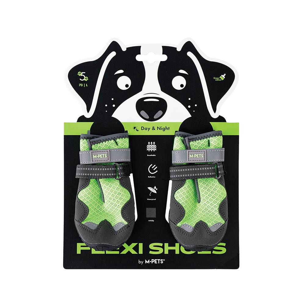 Packaging of Flexi Shoes by M-Pets with a cartoon dog illustration on a white background.