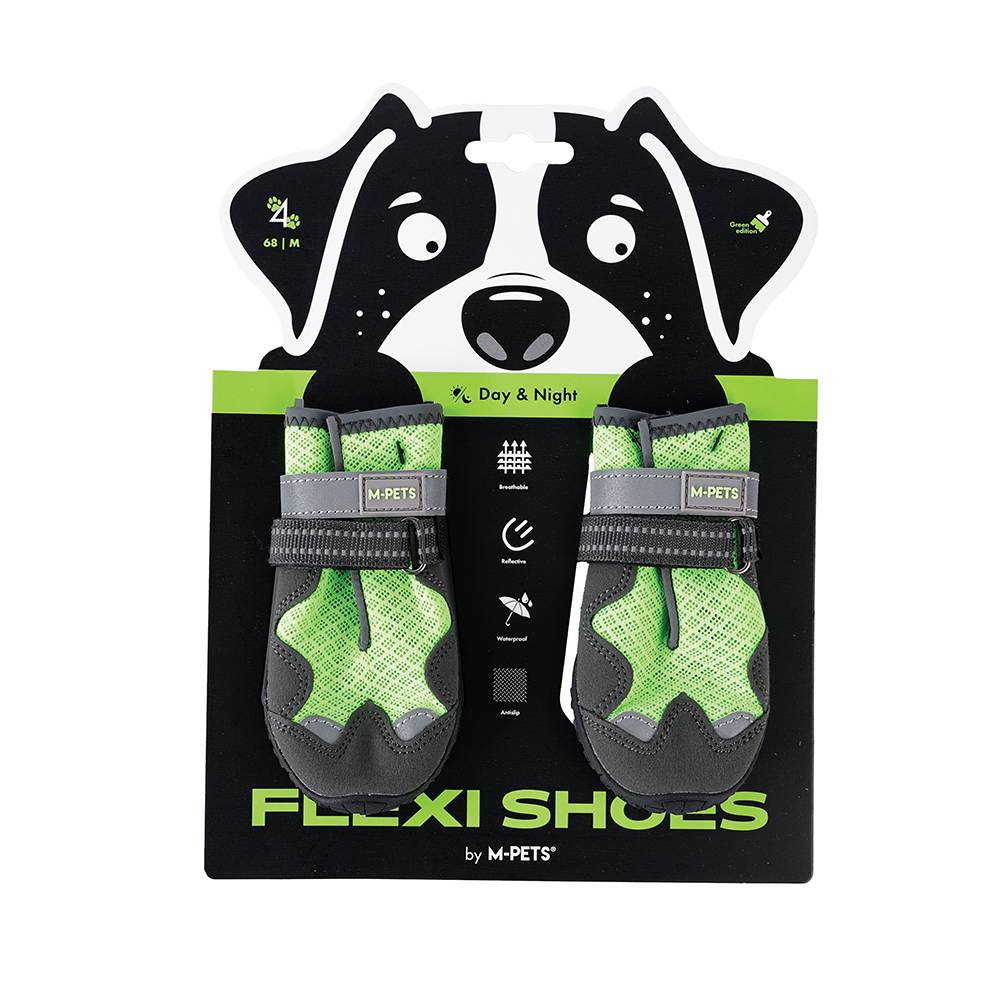 Packaging of Flexi Shoes by M-Pets with a black and white dog illustration on a white background.