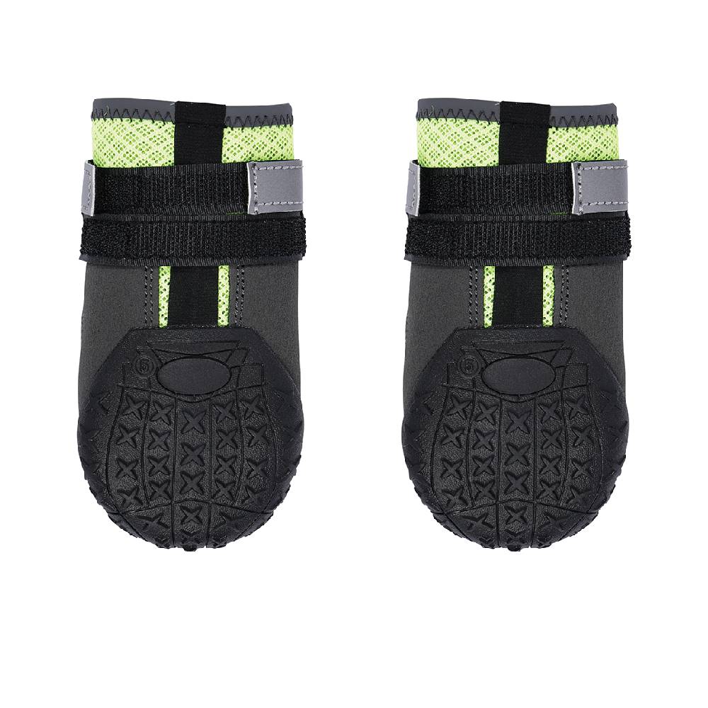 Pair of black dog boots with green accents on a white background