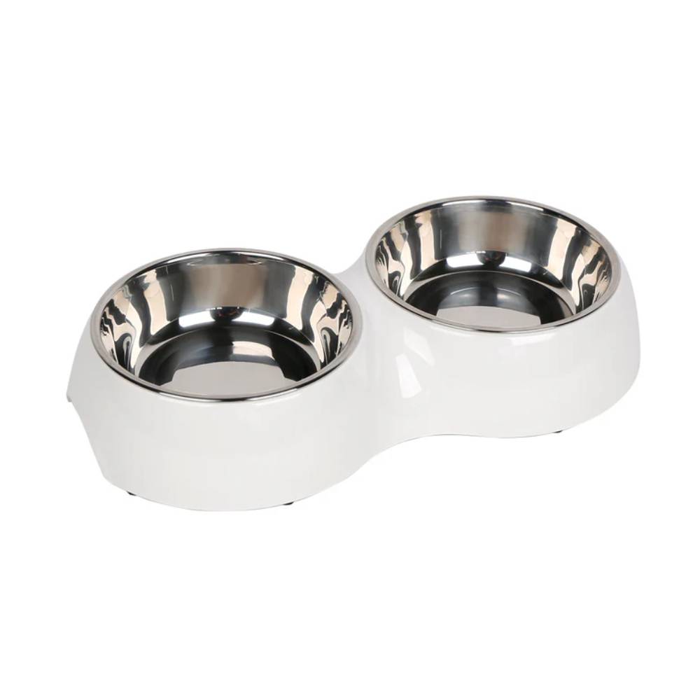 white pet bowl with two stainless steel compartments on a white background