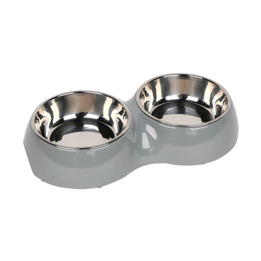 Gray pet bowl with two stainless steel compartments on a white background