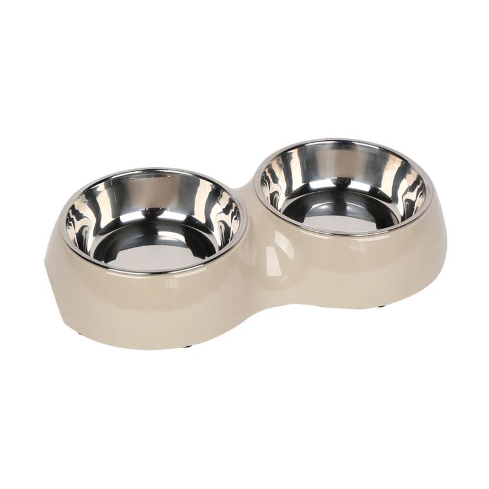 beige pet bowl with two stainless steel compartments on a white background