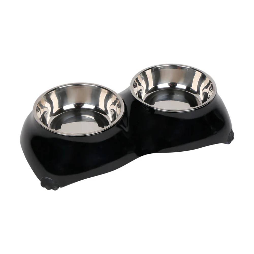 Black pet feeder with two stainless steel bowls on a white background