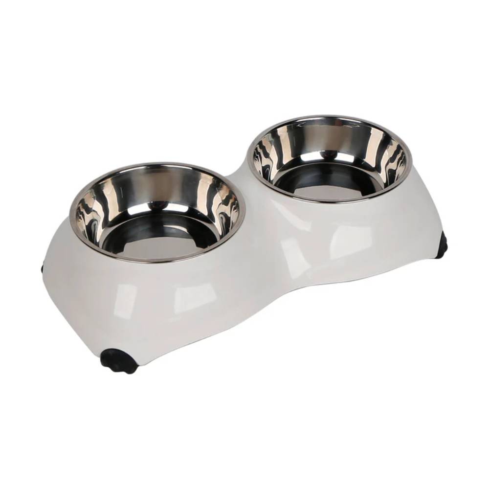 White and silver pet bowl feeder on a white background