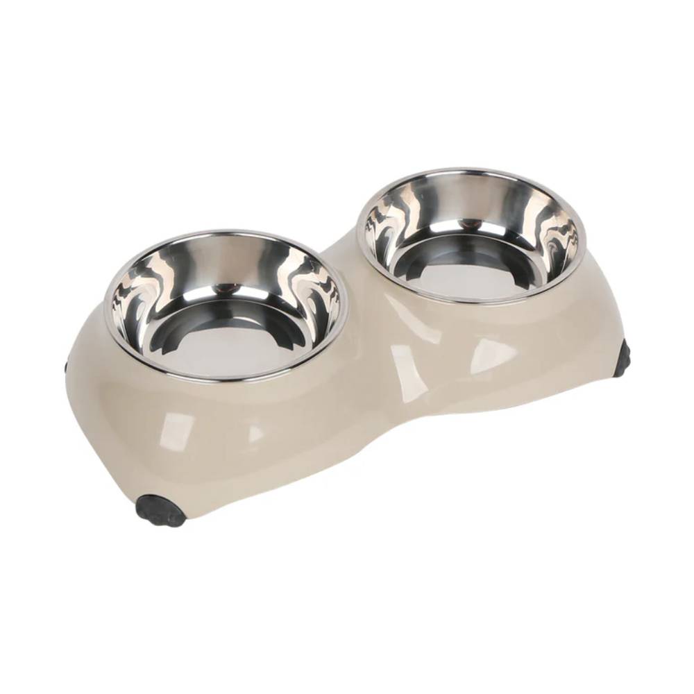 Beige pet bowl with two stainless steel bowls on a white background