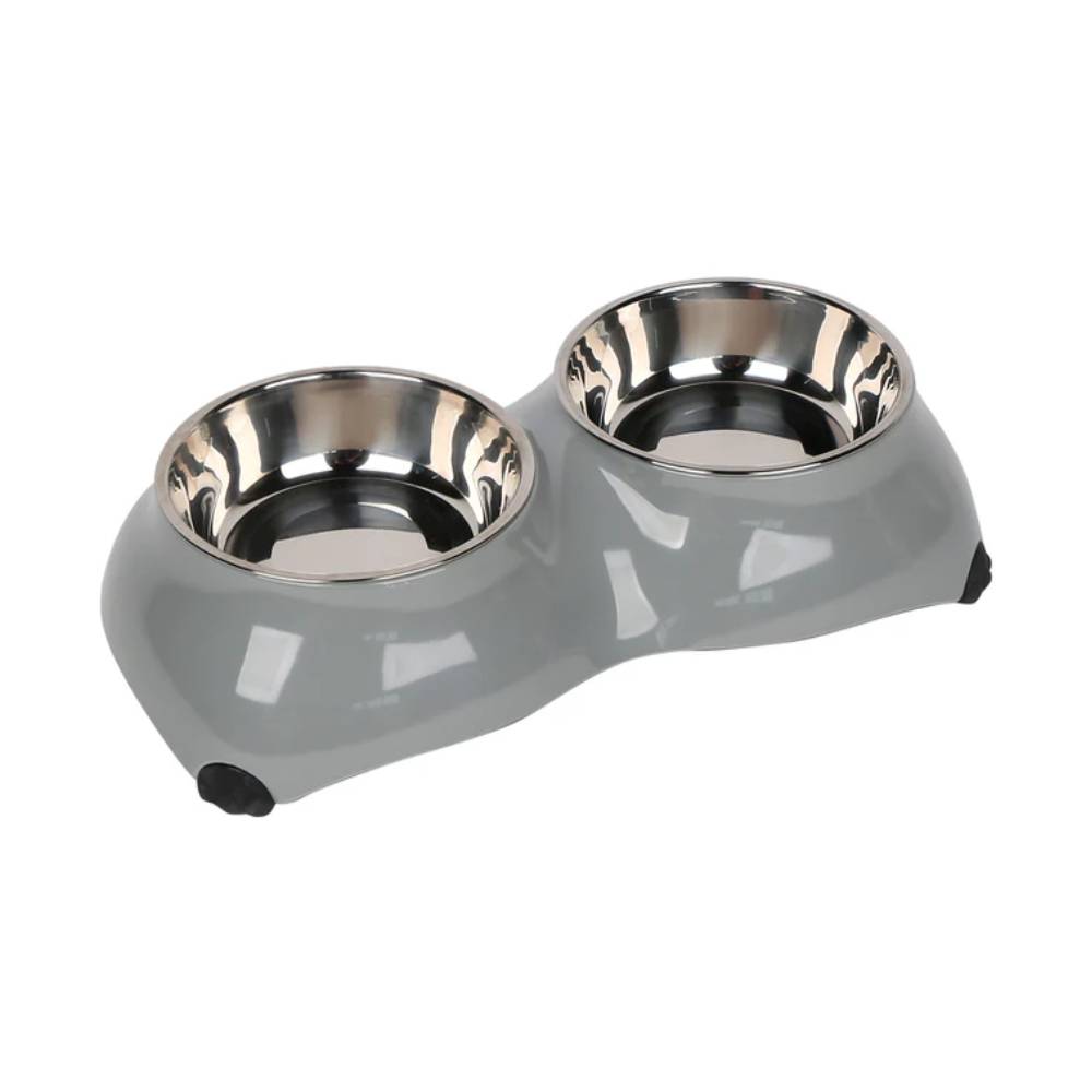 Gray pet feeder with two stainless steel bowls on a white background