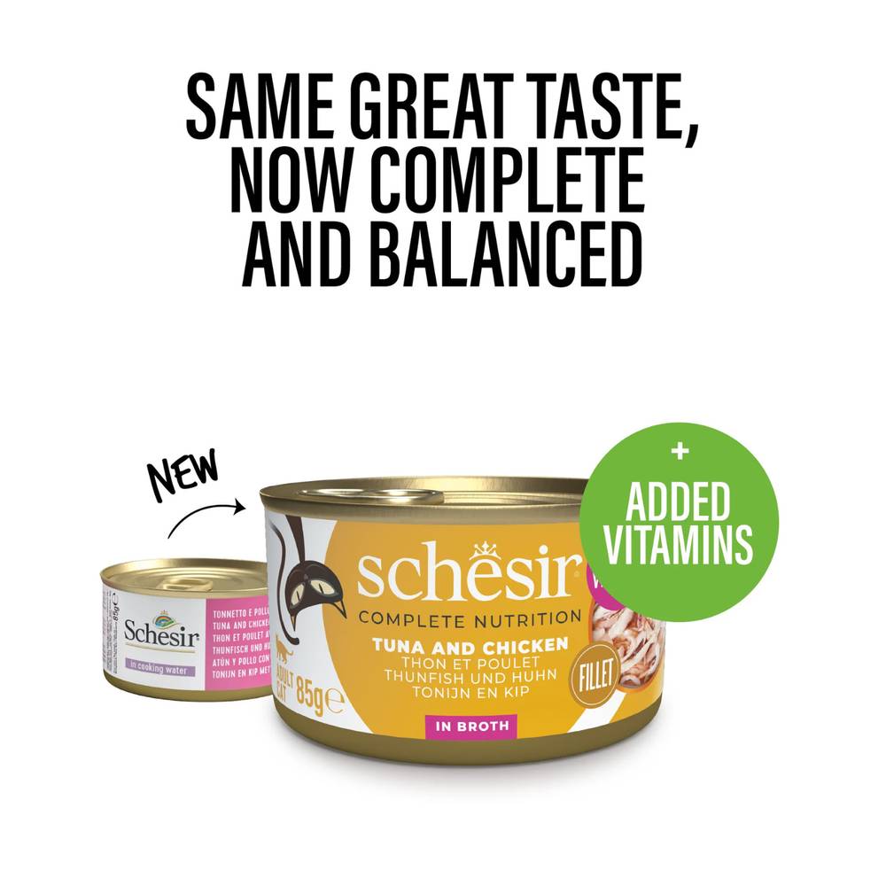 Schesir Tuna with Chicken Complete Wet Cat Food in Broth | Steamed, No Preservatives | 85g Can