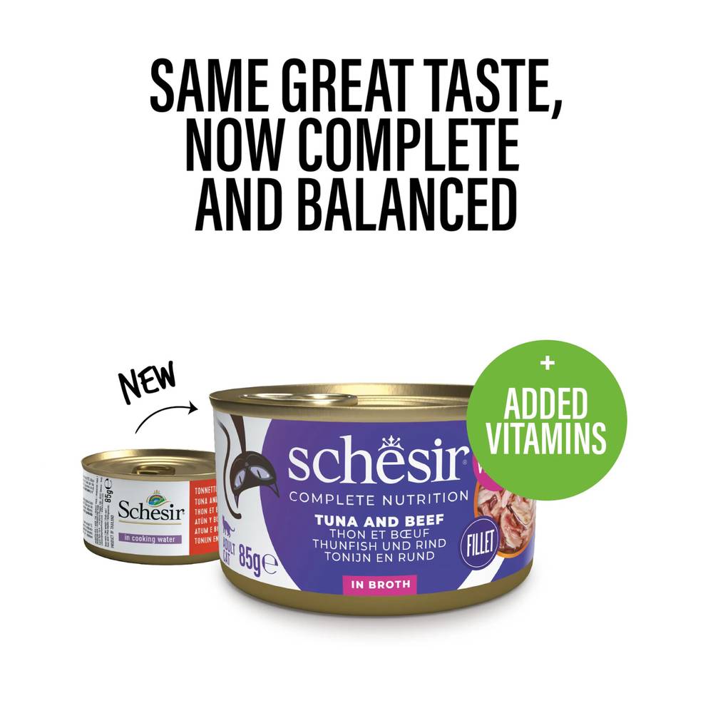 Schesir Tuna with Beef Complete Wet Cat Food in Broth | Steamed, No Preservatives | 85g Can
