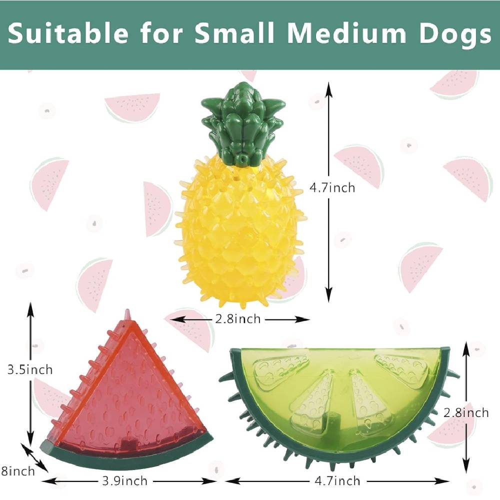 Pineapple, watermelon, and lime-shaped dog toys with measurements on a white background.