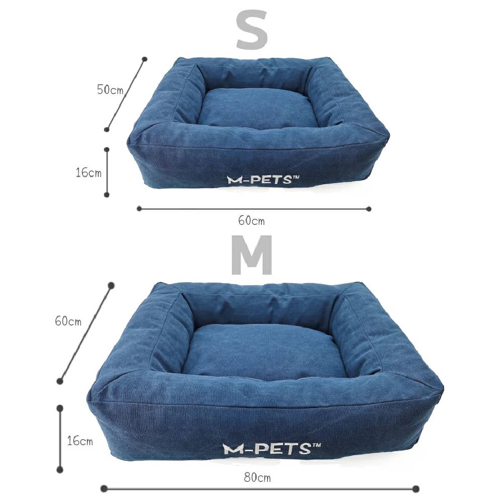 Two blue pet beds with dimensions labeled, featuring the brand 'M-Pets'.