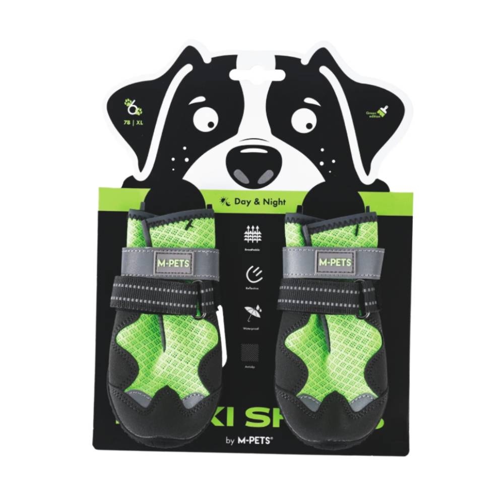 Packaging of dog shoes with a black and white dog illustration on a white background