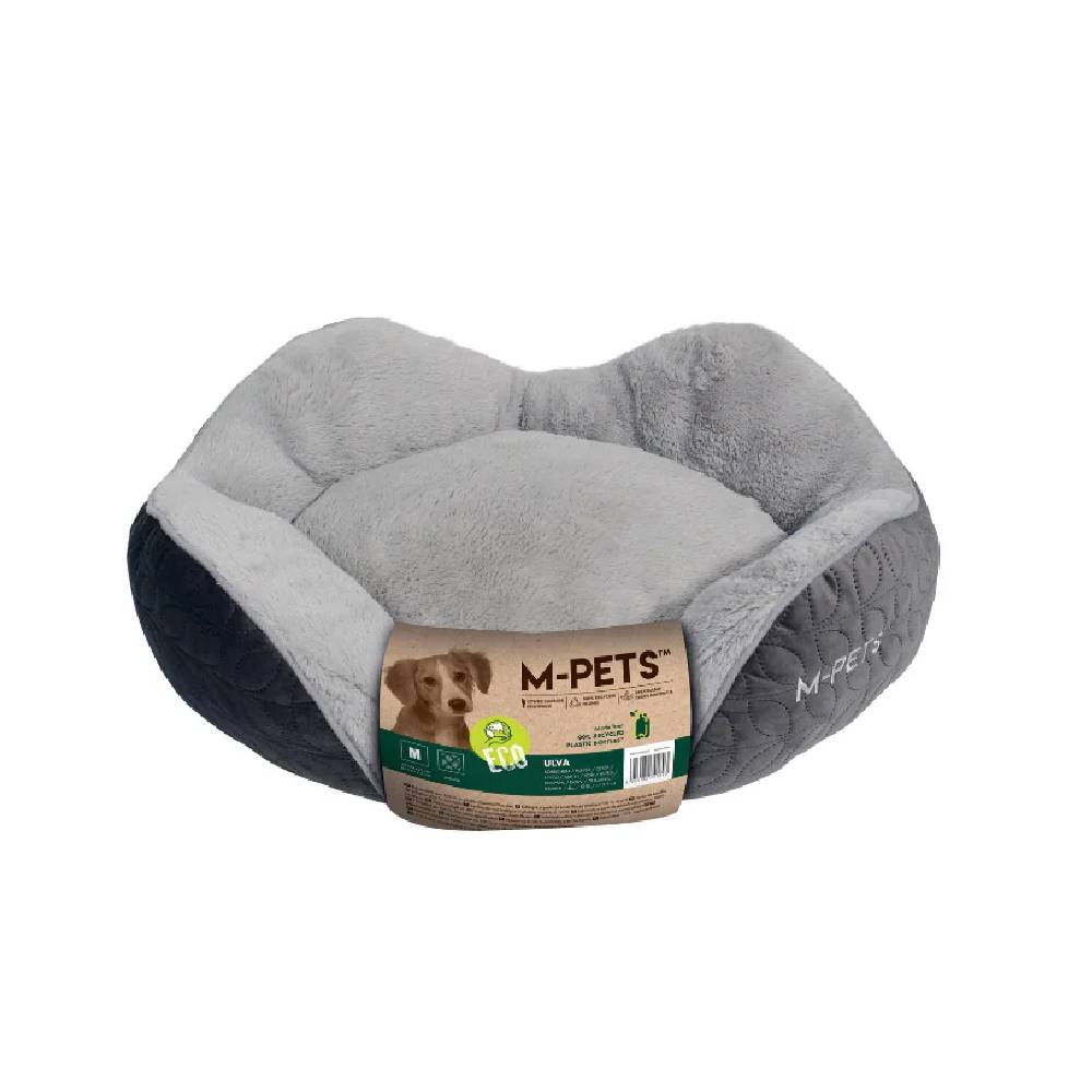 Gray pet bed with M-Pets branding on a white background