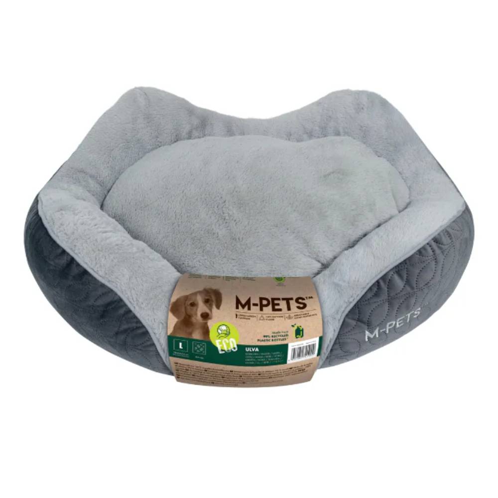 Gray pet bed with M-Pets label on a white background