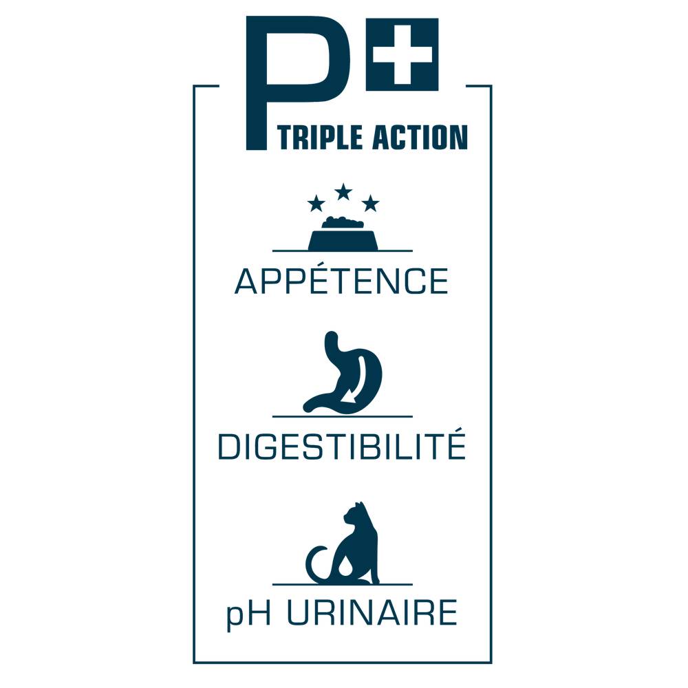 Logo with text 'Triple Action' and icons for appetite, digestibility, and urinary pH on a white background.
