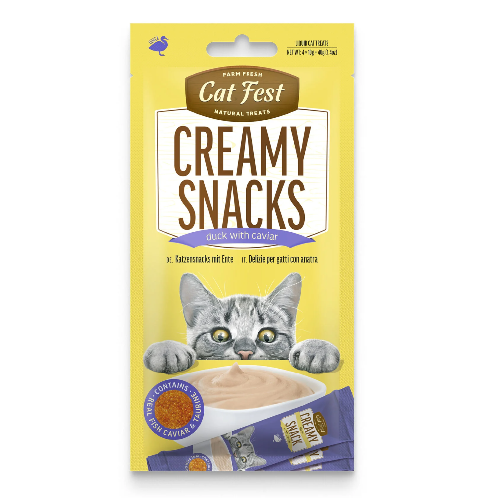 Cat Fest Creamy Snacks packaging with a cat illustration on a yellow background