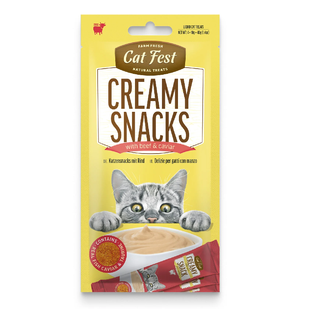 Cat Fest Creamy Snacks packaging with a cat illustration on a white background
