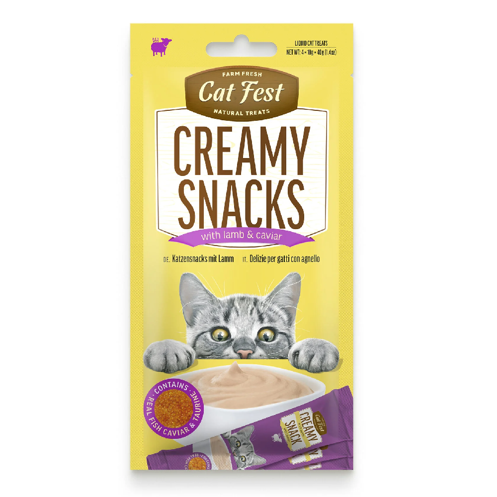 Cat Fest Creamy Snacks packaging with a cat illustration on a yellow background