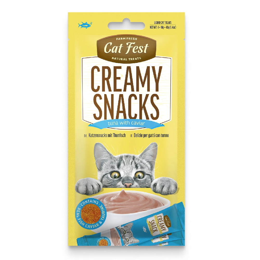 Cat Fest Creamy Snacks packaging with a cat illustration on a yellow background