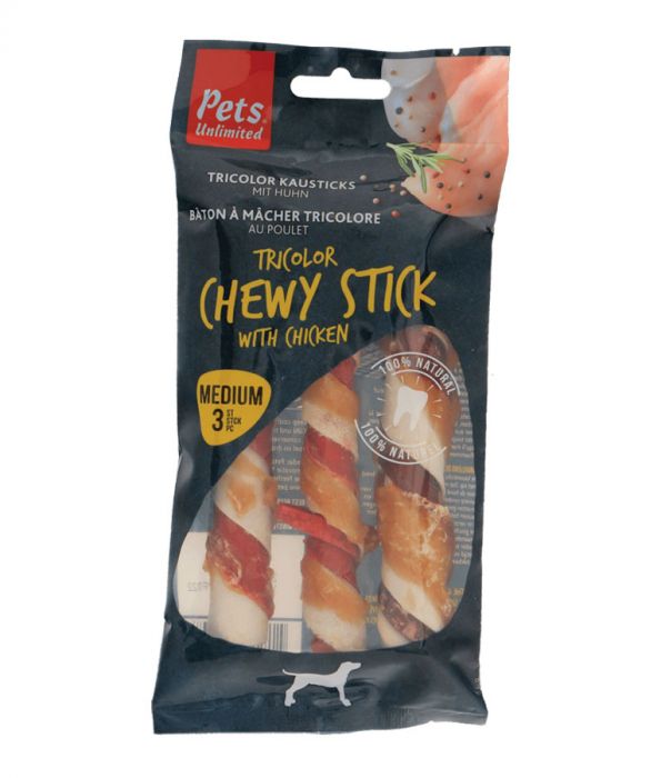Pets Unlimited Tricolor Chewy Sticks w Ckn M 3pcs 90g