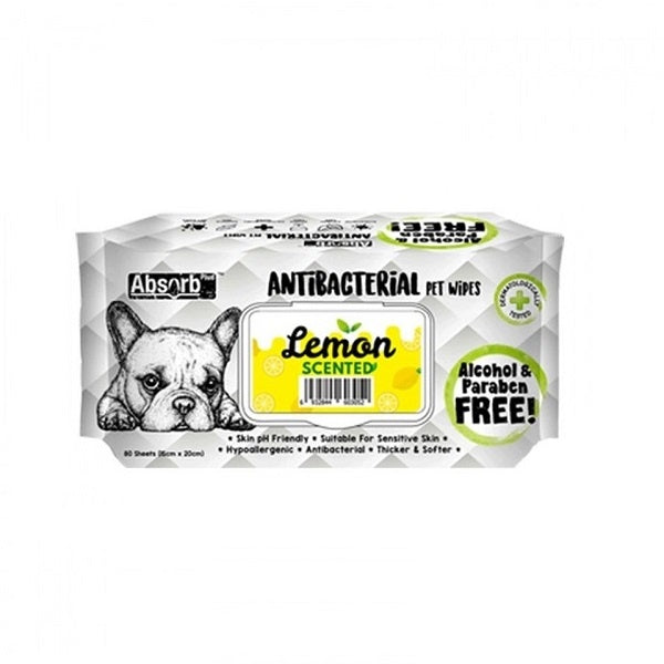 Absolute Pet Absorb Plus Antibacterial Pet Wipes Lemon 80 Sheets