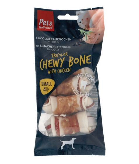 Pets Unlimited Tricolor Chewy Bone w/ Ckn S 4pcs