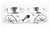 Melamine Bones Cat Stainless Steel Double Bowl With Anti-Slip Circle On The Bottom ,Volume:160*2 Ml, Size:12*12*4.5 Cm